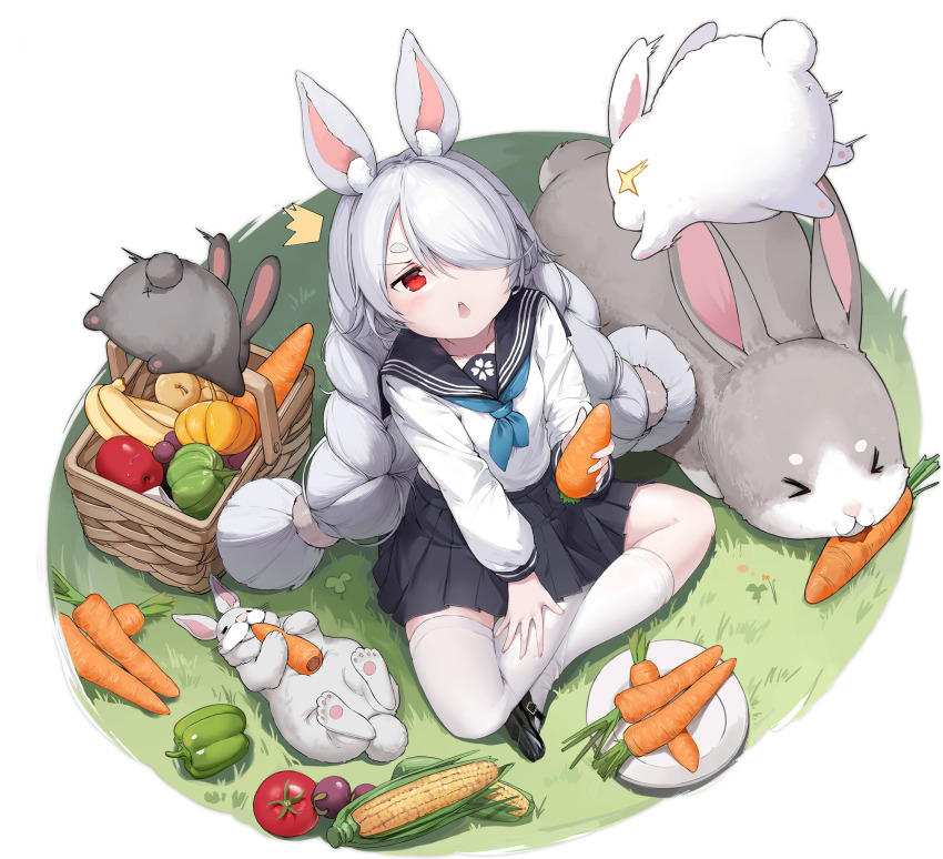 1girl :&lt; alisa_(kuro_no_sakura) animal_ear_fluff animal_ears asymmetrical_legwear azur_lane black_skirt carrot corn corn_cob grass grey_hair highres holding holding_carrot long_hair long_sleeves looking_at_viewer looking_up mismatched_legwear official_alternate_costume official_art picnic_basket pleated_skirt rabbit rabbit_ears rabbit_girl red_eyes school_uniform serafuku shirayuki_(azur_lane) shirayuki_(bunny_breeder)_(azur_lane) shirt single_thighhigh sitting skirt solo squash thighhighs transparent_background very_long_hair white_shirt white_thighhighs