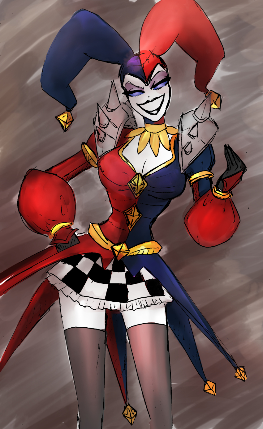 absurdres breasts genderswap genderswap_(mtf) grin hat highres jester_cap league_of_legends lipstick makeup shaco skirt smile spiked_shoulder_pads thighhighs