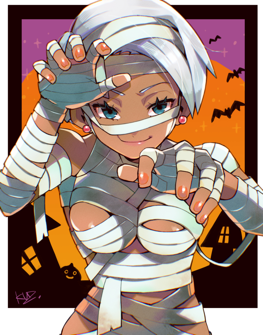 1girl bandages blue_eyes border breasts closed_mouth commentary_request dark-skinned_female dark_skin dragon_quest dragon_quest_iii earrings eyelashes highres jewelry kuzuno_ha large_breasts looking_at_viewer mummy_costume outside_border signature smile solo thief_(dq3) white_border white_hair