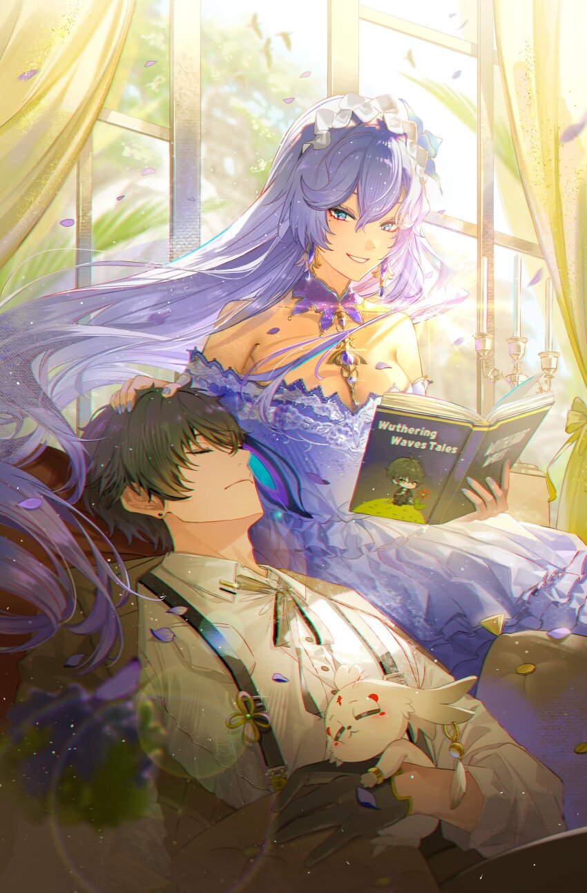 1boy 1girl abby_(wuthering_waves) absurdres alternate_costume bare_shoulders black_gloves black_hair blue_eyes blue_flower book breasts candlestand cantarella_(wuthering_waves) closed_eyes closed_mouth collared_shirt commentary dress earrings english_commentary flower gloves hair_between_eyes hair_flower hair_ornament headdress headpat highres holding holding_book indoors isobe47 jewelry large_breasts long_hair looking_at_viewer male_rover_(wuthering_waves) nail_polish off-shoulder_dress off_shoulder open_book parted_lips purple_dress purple_hair purple_nails purple_petals rover_(wuthering_waves) shirt smile very_long_hair white_shirt wuthering_waves