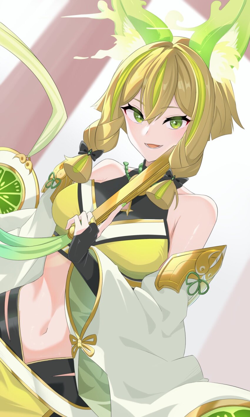 1girl animal_ear_fluff animal_ears bare_shoulders blonde_hair breasts bridal_gauntlets collarbone crop_top detached_sleeves duel_monster folded_fan folding_fan fox_ears green_eyes green_nails hair_between_eyes hand_fan hand_up heichi highres holding holding_fan hu-li_the_jewel_mikanko long_sleeves looking_at_viewer medium_breasts midriff multicolored_hair navel open_mouth short_hair_with_long_locks solo stomach streaked_hair tank_top torii wide_sleeves yu-gi-oh!