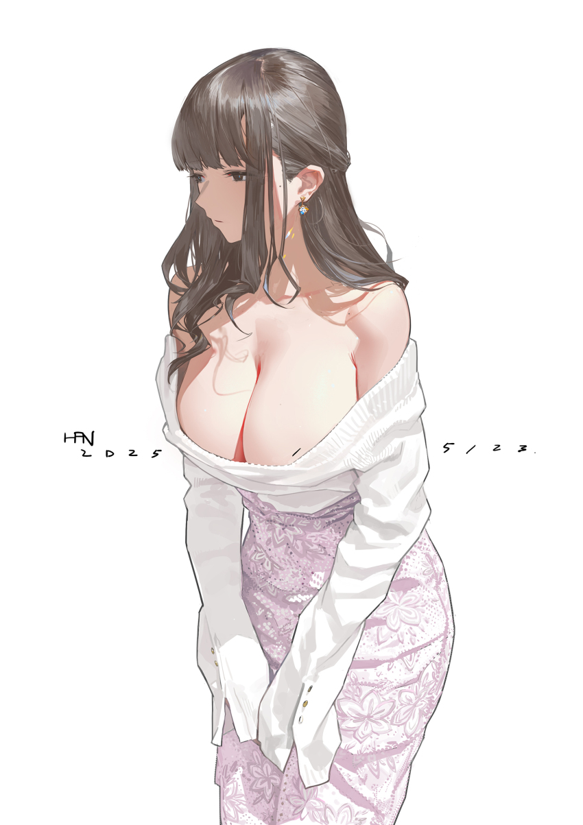 1girl artist_name blunt_bangs breasts brown_eyes brown_hair chinese_commentary cleavage commentary_request cowboy_shot dated earrings floral_print floral_print_skirt hair_behind_ear han-0v0 highres jewelry large_breasts long_hair long_skirt looking_to_the_side mole mole_on_cheek mole_on_shoulder off-shoulder_shirt off_shoulder original pencil_skirt photo-referenced pink_skirt print_skirt shirt sidelocks simple_background skirt solo v_arms white_background white_shirt