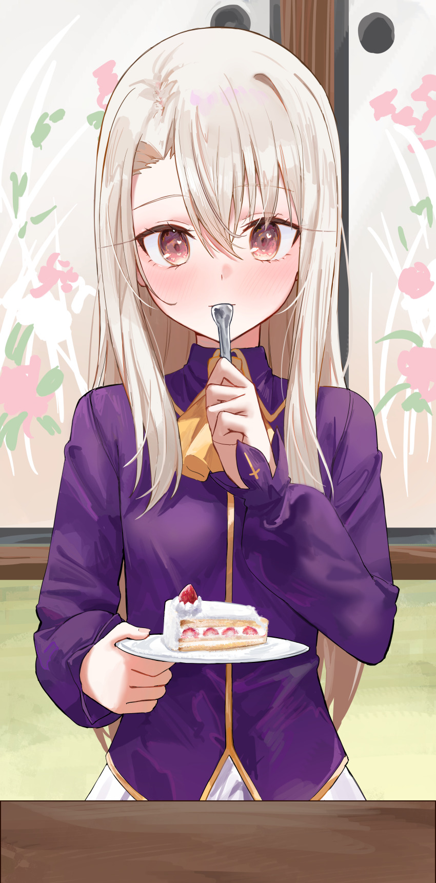 1girl absurdres blonde_hair blush cake commentary_request eating fate/stay_night fate_(series) food highres illyasviel_von_einzbern indoors kaze_22 korean_commentary light_smile long_hair looking_at_viewer pink_eyes sitting solo straight-on strawberry_cake