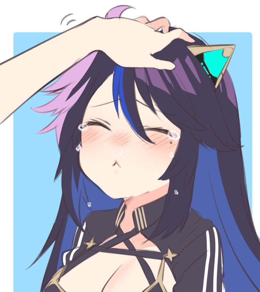 1girl 1other :&lt; animal_ears breasts cleavage closed_eyes commentary crying english_commentary headpat highres isuka kson kson_(swimsuit) large_breasts mole mole_under_eye purple_hair solo_focus souchou tears upper_body virtual_youtuber vshojo