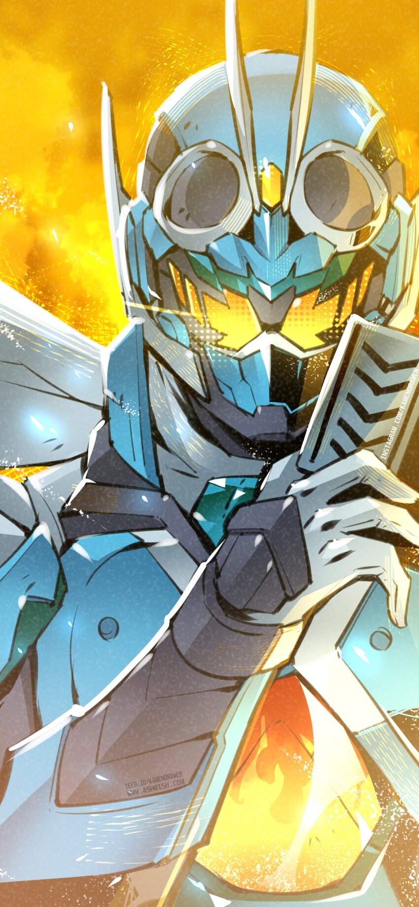 1boy absurdres armor ashmish black_gloves blue_armor body_armor bug card commentary english_commentary gloves goggles goggles_on_head grasshopper highres holding holding_card insect kamen_rider kamen_rider_gotchard kamen_rider_gotchard_(series) looking_at_viewer male_focus scarf tokusatsu upper_body white_scarf yellow_eyes