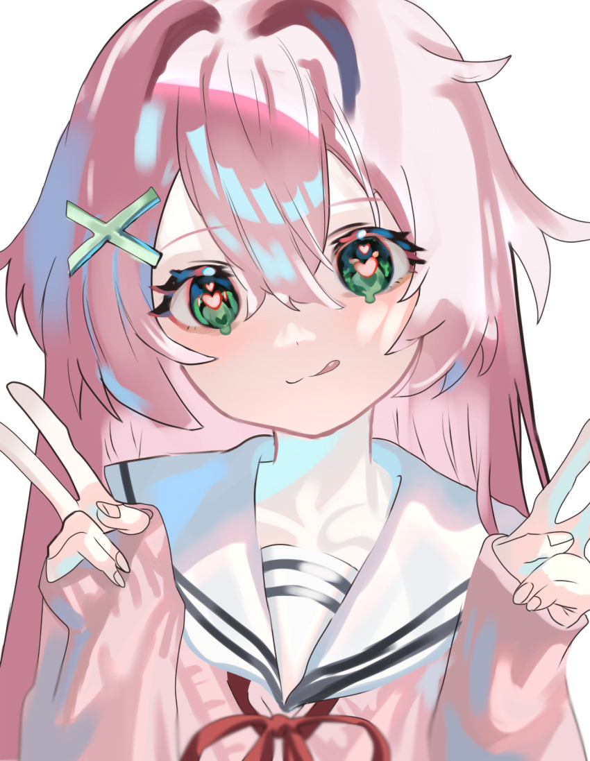 1girl :q closed_mouth double_v green_eyes hair_between_eyes hair_ornament heart heart-shaped_pupils highres long_hair looking_at_viewer neck_ribbon non-web_source original pink_hair pink_sweater ribbon sailor_collar school_uniform serafuku simple_background sleeves_past_wrists smile solo sweater symbol-shaped_pupils tongue tongue_out v white_background white_serafuku x_hair_ornament yura856
