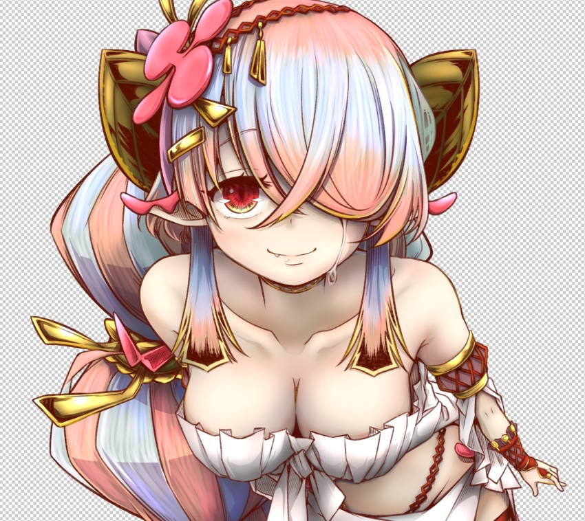 1girl armlet breasts cleavage closed_mouth collarbone duel_monster female_focus flower front-tie_top hair_flower hair_ornament hair_over_one_eye highres jewelry large_breasts long_bangs long_hair looking_at_viewer midriff multicolored_hair nekomaru_(nekomarupopo) pink_flower pointy_ears red_eyes simple_background smile solo strapless traptrix_pinguicula tube_top two-tone_hair very_long_hair wrist_cuffs yu-gi-oh!