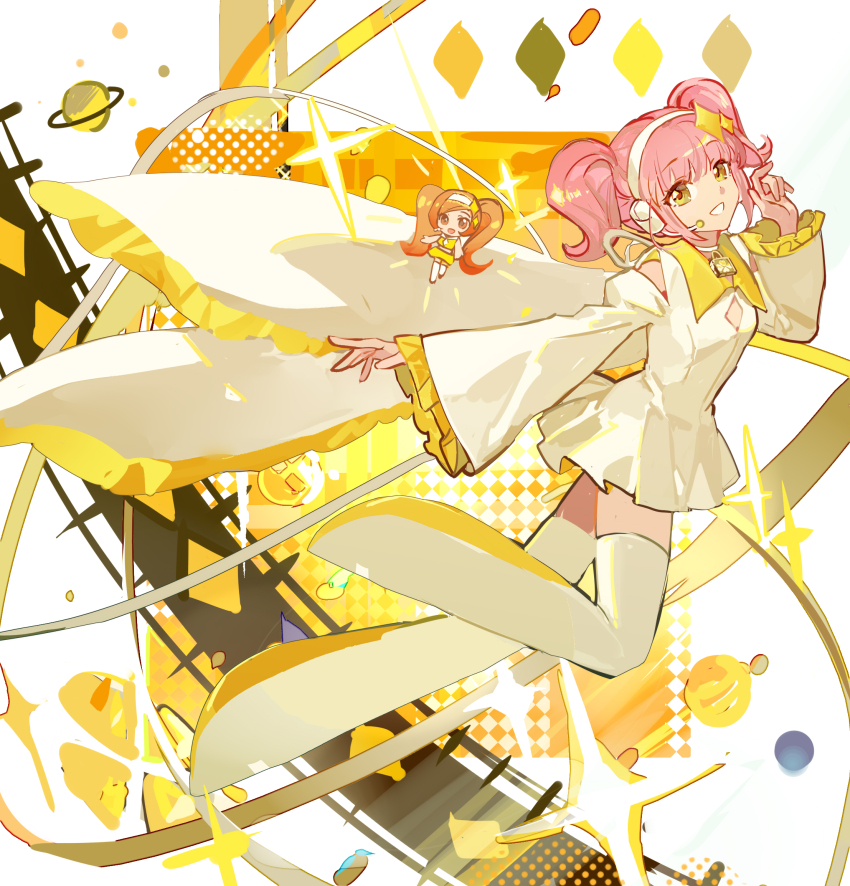 2girls amulet_dia boots border chibi closed_mouth collared_dress dia_(shugo_chara!) diamond_cutout diamond_hair_ornament dress floating_clothes floating_hair frilled_sleeves frills full_body hairband headset highres hinamori_amu humpty_lock_(shugo_chara!) light_blush long_hair long_sleeves magical_girl mento miniskirt multiple_girls open_mouth orange_background orange_hair outside_border outstretched_hand pink_hair planet shirt shoes short_dress shugo_chara! skirt skirt_set sleeveless sleeveless_shirt sleeves_past_fingers sleeves_past_wrists smile solo_focus sparkle thigh_boots thighhighs twintails twitter_username very_long_hair white_border white_dress white_footwear white_hairband white_thighhighs wide_sleeves yellow_background yellow_boots yellow_eyes yellow_shirt