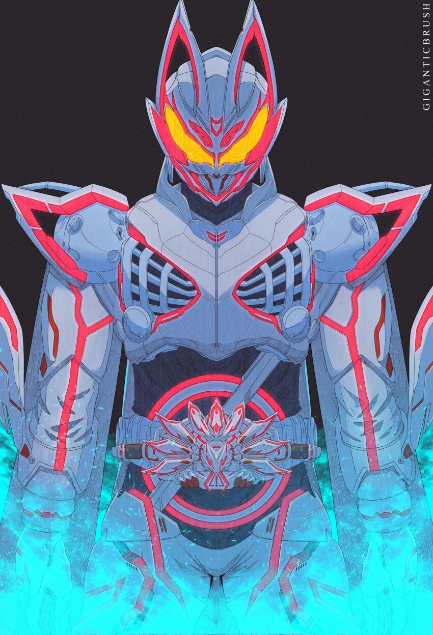 1boy adapted_costume armor black_background blue_fire boost_mark_ix_buckle cape commentary desire_driver rider_belt fire fox_mask full_body geats_buster_qb9 giganticbrush gunblade highres holding holding_weapon kamen_rider kamen_rider_geats kamen_rider_geats_(series) kamen_rider_geats_ix male_focus mask simple_background solo straight-on tokusatsu weapon yellow_eyes