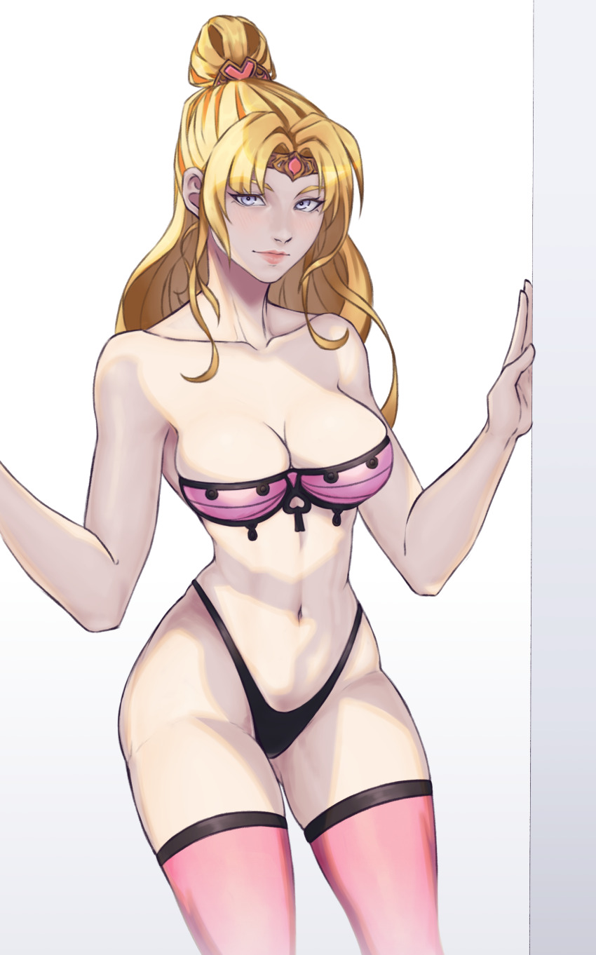 1girl absurdres black_panties blonde_hair bra breasts crown final_fantasy final_fantasy_iv hand_on_wall highres indoors kyfat_lockhart large_breasts lips looking_at_viewer navel panties panty_straps ponytail purple_bra rosa_farrell solo thighhighs underwear white_eyes