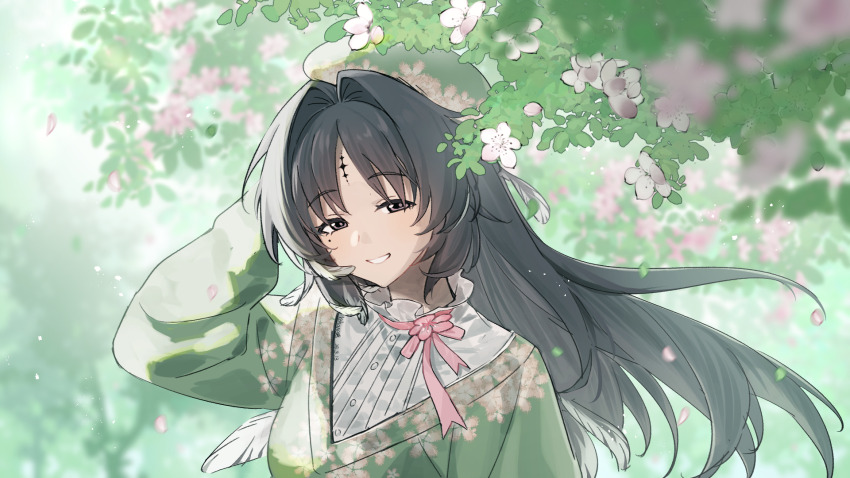 1girl black_eyes black_hair breasts chinese_commentary commentary_request feather_hair green_hat green_shirt hair_intakes hat highres kohane_kun long_hair looking_at_viewer medium_breasts mole mole_under_eye parted_bangs portrait revision shirt smile solo tacet_mark_(wuthering_waves) white_shirt wuthering_waves yangyang_(wuthering_waves)