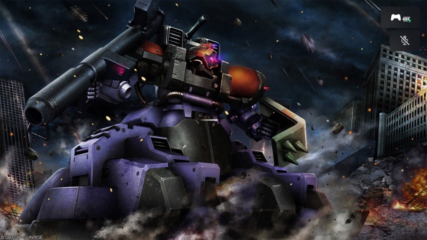 absurdres battle bazooka_(gundam) building burning cable cityscape copyright_logo dust_cloud fire game_screenshot gundam gundam_battle_operation_2 highres machinery mecha mecha_focus mobile_suit no_humans official_art one-eyed painting_(medium) realistic robot ruins scan science_fiction smoke sunrise_(company) tenjin_hidetaka traditional_media video_game window xamel zeon