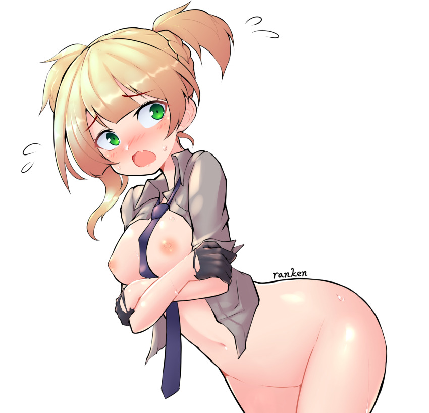 1girl arms_under_breasts ass between_breasts black_gloves black_necktie blonde_hair blush bottomless breasts collared_shirt commentary cowboy_shot crossed_arms embarrassed girls&#039;_frontline gloves green_eyes highres looking_at_viewer medium_breasts navel necktie necktie_between_breasts nipples open_clothes open_mouth open_shirt ranken shirt short_hair solo sweat twintails welrod_mkii_(girls&#039;_frontline) white_background