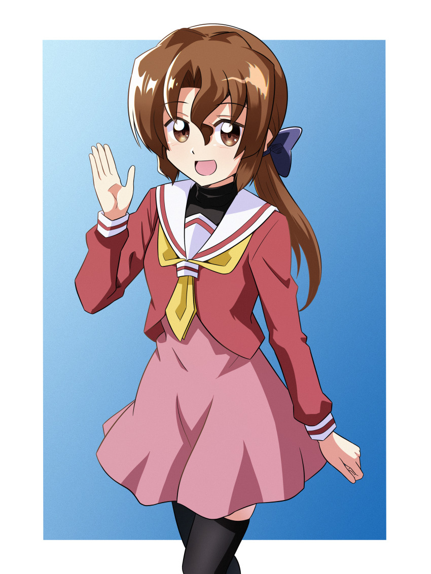 1girl absurdres arm_up blue_background brown_hair hayate_no_gotoku! highres long_hair maria_(hayate_no_gotoku!) open_mouth ponytail red_eyes school_uniform simple_background skirt solo thighhighs