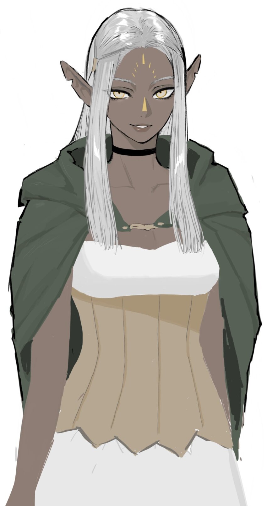 1girl cape choker cithis collarbone dark-skinned_female dark_skin dress dungeon_meshi elf facial_tattoo facing_viewer frs2 grey_hair highres lips long_hair looking_at_viewer pointy_ears smile solo tattoo upper_body white_background white_hair yellow_eyes