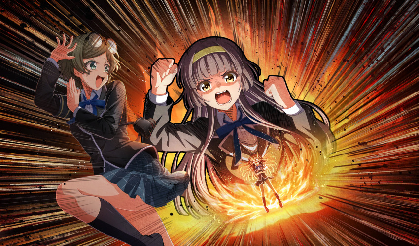2girls armband black-framed_eyewear black_hair black_jacket black_socks blue_ribbon blunt_bangs camera cinderella_series clenched_hand collared_shirt dutch_angle emphasis_lines eyewear_on_head game_cg glasses green_eyes green_hair grey_skirt hachigatsu_no_cinderella_nine hairband highres jacket long_hair long_sleeves multiple_girls nakano_ayaka neck_ribbon non-web_source official_art open_mouth over-rim_eyewear plaid_clothes plaid_skirt pleated_skirt ribbon round_eyewear satogahama_school_uniform school_uniform semi-rimless_eyewear shirt short_hair skirt socks standing sweat tsukishima_yui_(hachigatsu_no_cinderella_nine) white_shirt winter_uniform yellow_eyes yellow_hairband