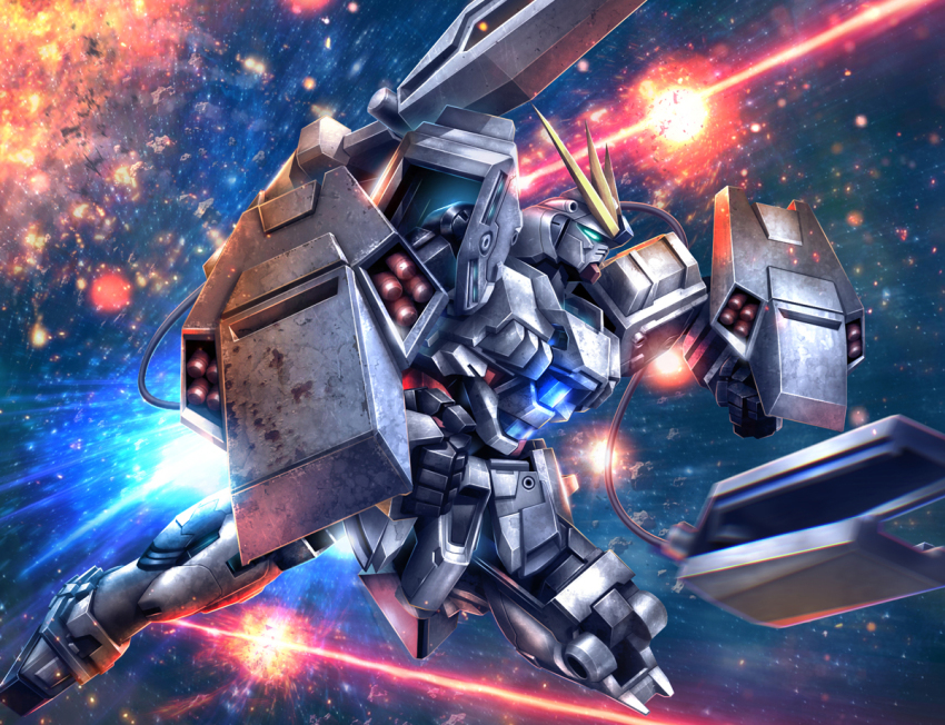 beam clenched_hands dashing explosion funnels_(gundam) gundam gundam_narrative hiropon_(tasogare_no_puu) mecha missile_pod narrative_gundam_b-packs robot shield space thrusters