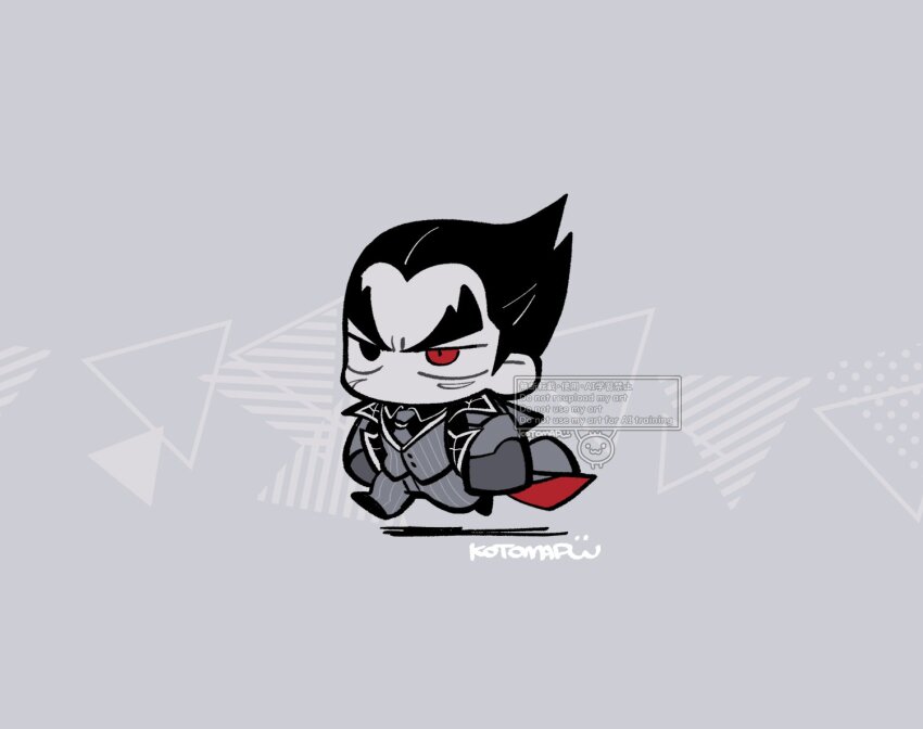 1boy chibi chibi_only coat full_body grey_background grey_theme heterochromia jacket kotorai male_focus mishima_kazuya monochrome necktie no_mouth no_nose pants running scar scar_on_face shadow sideburns signature solo spot_color striped_clothes striped_jacket striped_pants tekken v-shaped_eyebrows watermark