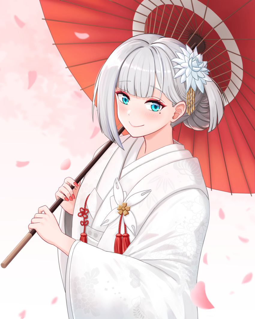 1girl absurdres azur_lane blue_eyes blush bride cherry_blossoms crane_enthusiast eyeshadow flower hair_flower hair_ornament highres japanese_clothes kanzashi kimono lipgloss makeup nail_polish parasol print_kimono shoukaku_(azur_lane) shoukaku_(white_crane_of_domestic_bliss)_(azur_lane) uchikake umbrella white_kimono