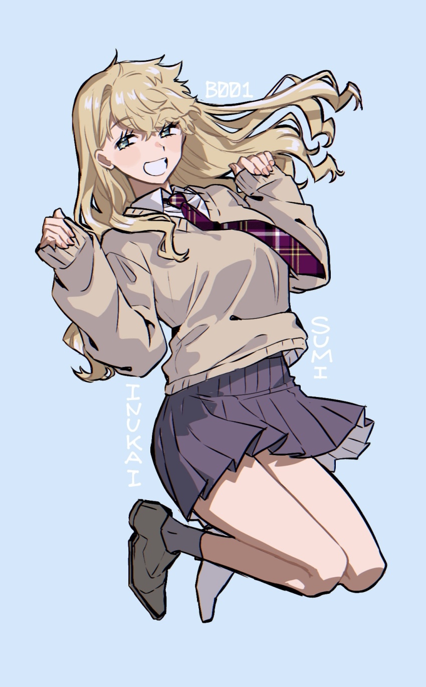 1girl blonde_hair blue_background blue_skirt breasts character_name collared_shirt floating_hair full_body genderswap genderswap_(mtf) grey_shoes grey_socks grin half-closed_eyes hands_up highres inukai_sumiharu jumping kuzumiya_yuyu long_hair long_sleeves looking_at_viewer medium_breasts miniskirt nail_(hardware) necktie pink_nails plaid_clothes plaid_necktie pleated_skirt school_uniform shirt shoes simple_background skirt sleeves_past_wrists smile socks solo sweater white_shirt world_trigger