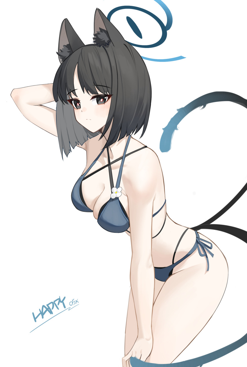 1girl absurdres animal_ear_fluff animal_ears artist_name bakeneko bikini black_bikini black_eyes black_hair black_tail blue_archive blue_bikini blue_halo blue_tail blunt_ends breasts bright_pupils cat_ears cat_girl cat_tail cleavage commentary_request criss-cross_straps gradient_tail halo hand_on_own_knee happy05x highres kikyou_(blue_archive) kikyou_(swimsuit)_(blue_archive) layered_bikini leaning_forward looking_at_viewer medium_breasts multiple_tails official_alternate_costume short_hair side-tie_bikini_bottom simple_background skindentation solo swimsuit tail thighs two_tails white_background white_pupils