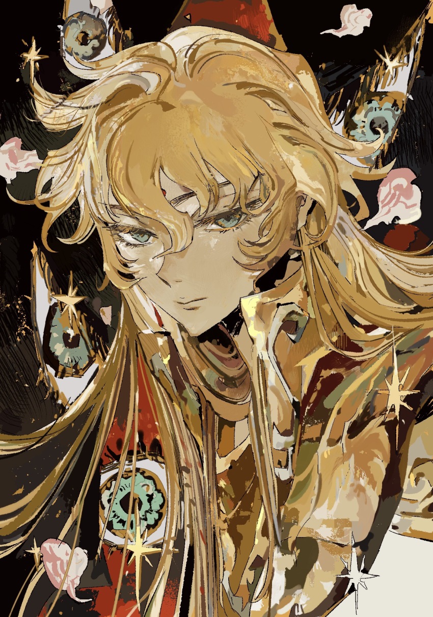 1boy armor black_background blonde_hair closed_mouth facial_mark floating_hair forehead_mark gold_armor gold_cloth gold_saint green_eyes hair_between_eyes hair_over_shoulder high_collar highres long_hair looking_at_viewer male_focus portrait saint_seiya sidelocks solo star_(symbol) three_quarter_view virgo_shaka zuosixiaoji