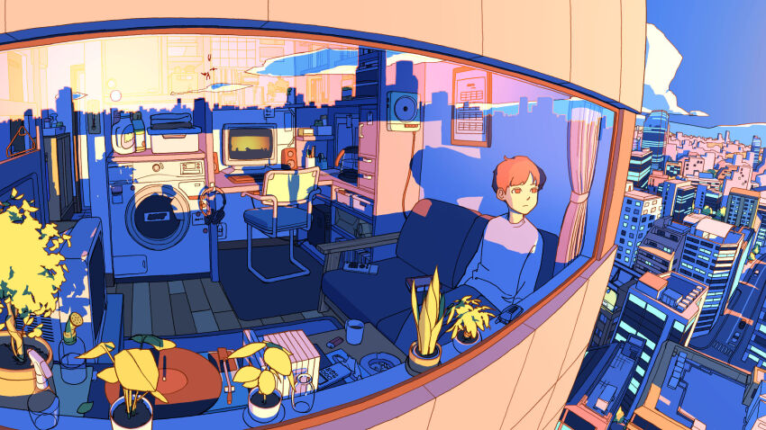1boy absurdly_detailed_composition akabane_1999 architecture bird blue_sky brown_hair building calendar_(object) chair city cityscape closed_mouth commentary_request computer crosswalk crt cup curtains desk detergent drawer headphones highres indoors interior lighter loaded_interior long_sleeves looking_outside motor_vehicle original outdoors pants phonograph plant potted_plant reflection reflective_surface road rug scenery shirt short_hair sitting sky skyline slice_of_life solo street sun sunlight sunset table through_window tree urban washing_machine white_shirt wide_shot window wire wooden_floor