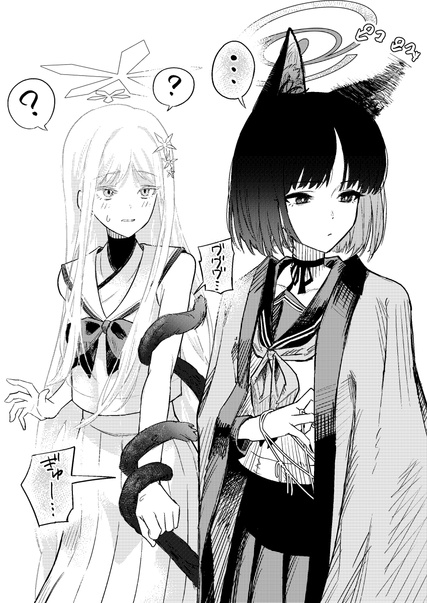 2girls absurdres animal_ear_fluff animal_ears black_hair blue_archive blush cat_ears cat_girl cat_tail closed_mouth greyscale haori highres japanese_clothes kikyou_(blue_archive) long_hair looking_at_another looking_to_the_side monochrome multiple_girls multiple_tails nagusa_(blue_archive) parted_bangs parted_lips pleated_skirt sailor_collar shirt short_hair sidelocks skirt sleeveless sleeveless_shirt tail tail_wrap two_tails white_hair xiegitoai