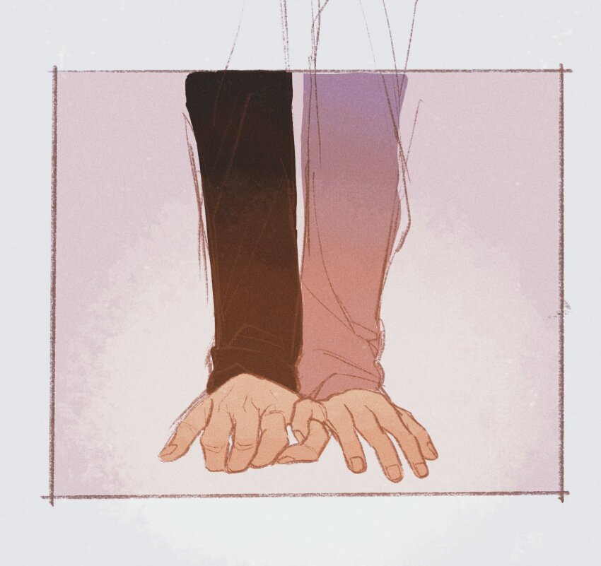 1boy 1girl ayase_momo black_jacket border couple dandadan gakuran hand_focus hetero highres holding_hands jacket long_sleeves mugibatake pink_background pink_sweater school_uniform sweater takakura_ken_(dandadan) white_border
