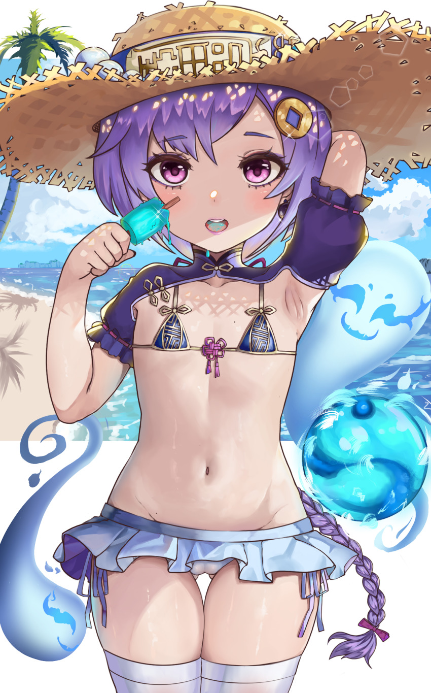 1girl absurdres alternate_costume arm_up armpits beach bikini bikini_skirt blue_skirt blue_sky bow braid braided_ponytail brown_headwear cameltoe cloud cloudy_sky coin_hair_ornament collarbone commentary cowboy_shot day english_commentary flat_chest food food_in_mouth front-tie_bikini_top front-tie_top genshin_impact gluteal_fold groin hair_bow hair_ornament hat highres hitodama holding holding_food legs_together lens_flare loli long_hair looking_at_viewer maryn mole navel ocean open_mouth outdoors palm_tree pink_eyes popsicle purple_hair qingdai_guanmao qiqi_(genshin_impact) red_bow shiny_skin short_sleeves shrug_(clothing) side-tie_bikini_bottom single_braid skirt sky standing stomach straight-on straw_hat string_bikini swept_bangs swimsuit thigh_gap thighhighs tree tree_shade very_long_hair white_thighhighs