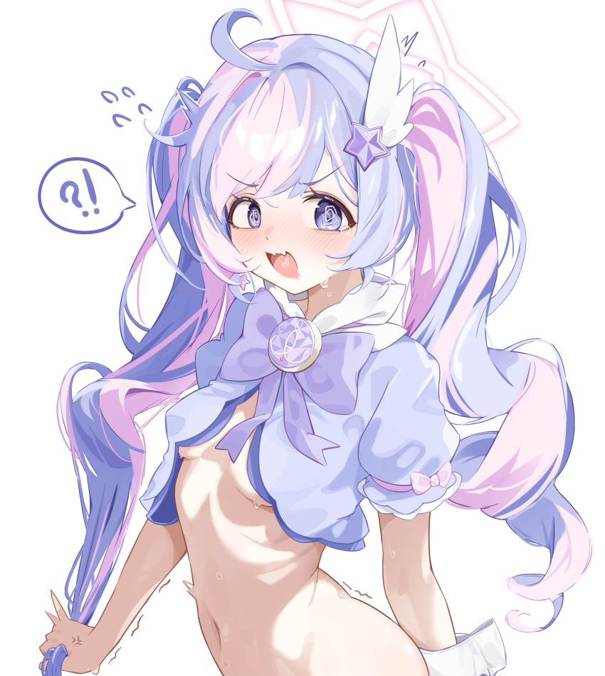 !? 1girl @_@ absurdres ahoge anger_vein blue_archive blush bottomless bow bowtie breasts commentary dot_nose drill_hair earrings english_commentary fang fangs feather_hair_ornament flying_sweatdrops gloves hair_ornament halo highres holding holding_own_hair jewelry loli long_hair magical_girl mawe127 multicolored_hair navel no_bra pink_bow pink_hair pink_halo puffy_sleeves purple_bow purple_bowtie purple_eyes purple_hair reisa_(blue_archive) reisa_(magical)_(blue_archive) simple_background skin_fang sleeve_bow small_breasts solo standing star_(symbol) star_earrings star_hair_ornament star_halo surprised sweatdrop trembling twin_drills twintails two-tone_hair underboob upper_body very_long_hair white_background white_gloves wing_hair_ornament wrist_cuffs