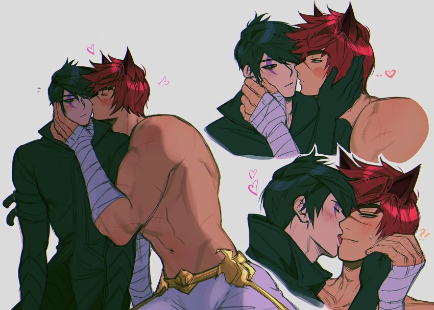 2boys abs adam&#039;s_apple animal_ears aphelios bandaged_arm bandages black_coat black_gloves black_hair blush coat collared_coat commentary_request cropped_torso eye_contact facial_mark fang gloves groin hair_over_one_eye hand_on_another&#039;s_face highres korean_commentary league_of_legends licking looking_at_another male_focus multiple_boys multiple_scars navel pants parted_lips red_hair scar scar_on_arm sett_(league_of_legends) sett_hd simple_background smile tongue tongue_out topless_male white_background white_pants yaoi yellow_eyes