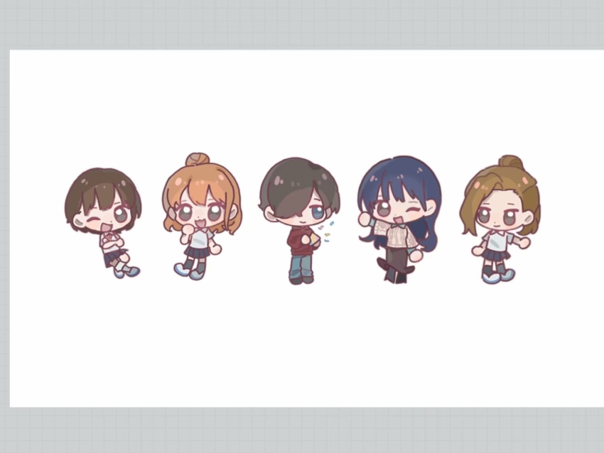 1boy 4girls aqua_shirt arm_up art_program_in_frame art_program_request asymmetrical_bangs bare_arms black_boots black_shoes black_skirt black_socks blue_eyes blue_hair blue_pants boku_no_kokoro_no_yabai_yatsu boots brown_eyes brown_hair chibi closed_mouth collared_shirt confetti crossed_arms crossed_legs denim dot_nose hair_bun hair_over_one_eye hand_on_own_cheek hand_on_own_face happy hashtag-only_commentary high_heel_boots high_heels holding holding_party_popper hood hood_down hoodie ichikawa_kyoutarou jeans knee_boots kneehighs kobayashi_chihiro_(bokuyaba) layered_sleeves light_blush long_bangs long_hair long_skirt long_sleeves looking_at_another looking_at_viewer medium_hair miniskirt multiple_girls necktie one_eye_closed open_mouth orange_hair outstretched_hand pants party_popper pleated_skirt puffy_long_sleeves puffy_sleeves qianwa_shi_biao red_hoodie red_necktie school_uniform sekine_moeko shirt shirt_under_sweater shoes short_hair short_sleeves simple_background single_bang single_hair_bun skirt smile sneakers socks standing sweater very_long_hair white_background white_shirt white_shoes white_socks white_sweater yamada_anna yoshida_serina