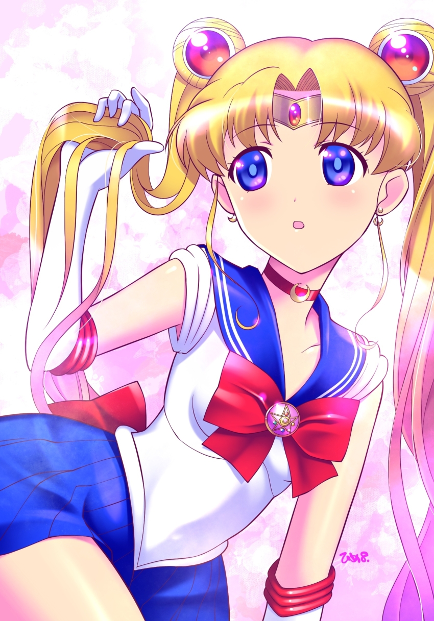 1girl bishoujo_senshi_sailor_moon blonde_hair blue_eyes blue_sailor_collar blue_skirt bow choker circlet collarbone crescent crescent_choker crescent_earrings crystal_star_(sailor_moon) double_bun earrings elbow_gloves gloves hair_bun highres himehachi_(hime8manga) holding holding_own_hair jewelry long_hair magical_girl miniskirt open_mouth red_bow red_choker sailor_collar sailor_moon sailor_senshi_uniform shirt skirt sleeveless sleeveless_shirt solo tsukino_usagi twintails very_long_hair white_gloves white_shirt
