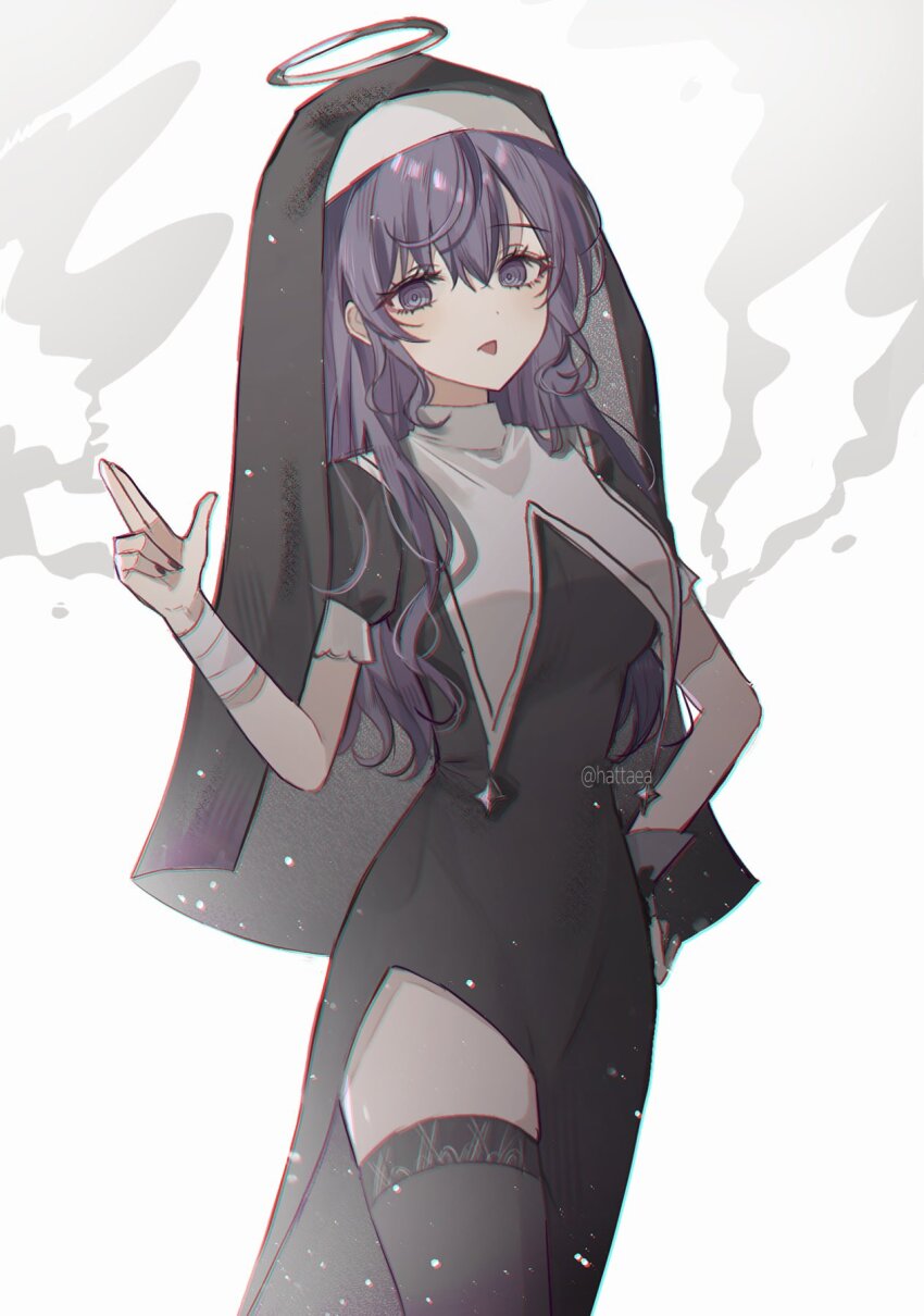 1girl asahina_mafuyu bandaged_wrist bandages black_dress black_nails black_thighhighs black_veil breasts chromatic_aberration commentary_request cowboy_shot dress finger_gun guimpe hair_between_eyes hair_down halo hand_on_own_hip hand_up hattaea highres kamippoina_(vocaloid) korean_commentary large_breasts light_blush light_particles long_dress long_hair looking_at_viewer nun project_sekai puffy_short_sleeves puffy_sleeves purple_eyes purple_hair ringed_eyes short_sleeves side_slit sidelocks simple_background smoke solo thighhighs thighs tongue tongue_out traditional_halo twitter_username veil wimple