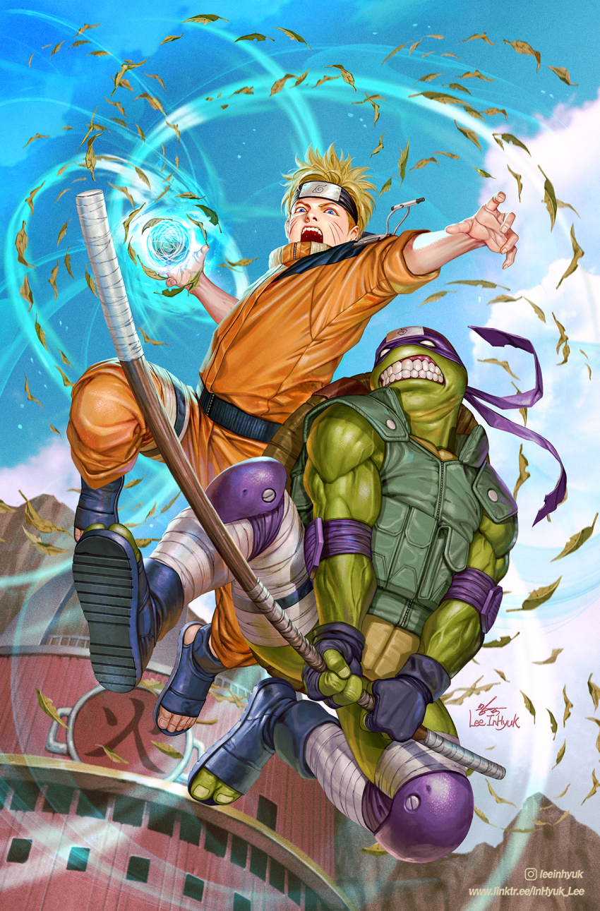 2boys bandana blonde_hair bo_staff clenched_teeth crossover donatello_(tmnt) facial_mark flak_jacket forehead_protector highres in-hyuk_lee jacket knee_pads midair multiple_boys muscular muscular_male naruto naruto_(series) official_art open_mouth rasengan teenage_mutant_ninja_turtles teeth toeless_footwear turtle_boy uzumaki_naruto whisker_markings wind