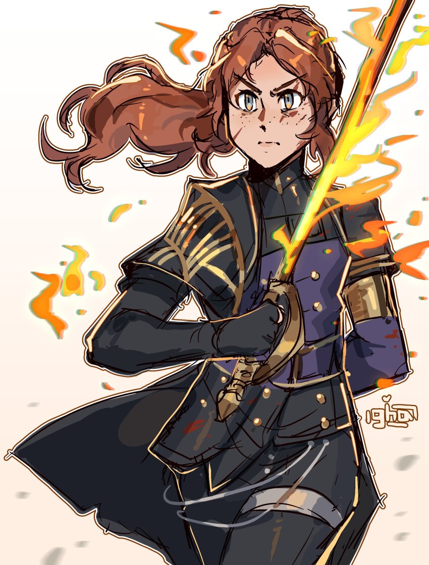 1girl absurdres black_gloves clair_obscur:_expedition_33 closed_mouth fingerless_gloves fire freckles gloves graysheartart highres holding holding_sword holding_weapon long_hair looking_at_viewer maelle_(clair_obscur:_expedition_33) ponytail rapier red_hair solo sword upper_body weapon