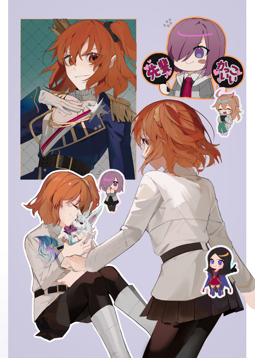 1boy 3girls :&gt; :o ^_^ absurdres ahoge belt belt_buckle black_belt black_pantyhose black_scrunchie black_skirt blue_jacket blush blush_stickers boots border buckle chaldea_uniform closed_eyes closed_mouth crown epaulettes eyes_visible_through_hair fate/grand_order fate_(series) flying_sweatdrops fou_(fate) fujimaru_ritsuka_(female) fujimaru_ritsuka_(female)_(halloween_royalty) grey_background hair_between_eyes hair_ornament hair_over_one_eye hair_scrunchie hand_on_own_chest highres holding holding_sign hug jacket knees_together_feet_apart leonardo_da_vinci_(fate) long_sleeves looking_at_viewer mash_kyrielight mini_crown multiple_girls necktie one_side_up open_mouth orange_eyes orange_hair outline pantyhose pillarboxed pink_hair pleated_skirt purple_eyes purple_hair red_necktie romani_archaman scrunchie sign simple_background single_blush_sticker skirt smile translation_request u_u white_boots white_border white_jacket white_outline yellow_scrunchie yukkuri_(fumoyun)