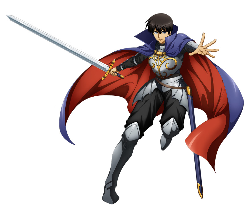 1boy armor black_hair blue_eyes cape character_name dieselburns elbow_gloves full_body gloves highres knight langrisser langrisser_mobile looking_at_viewer male_focus official_art pants parn_(lodoss) parted_lips record_of_lodoss_war serious short_hair solo sword weapon