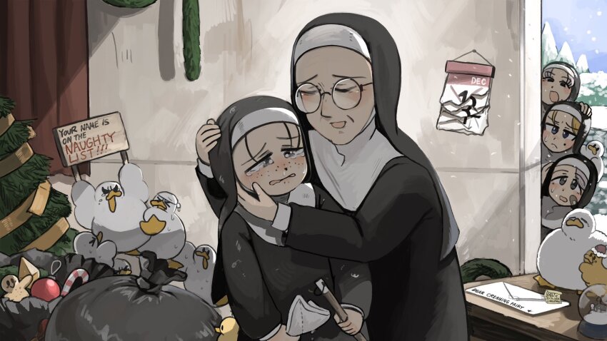 5girls :o aged_down bandaid bandaid_on_face bird black_hair blonde_hair calendar_(object) chicken christmas_tree comforting commentary crying crying_with_eyes_open diva_(hyxpk) duck duckling english_commentary freckles freckles_nun_(diva) glasses grey_hair habit highres holding holding_sign leaf_nun_(diva) letter little_nuns_(diva) mole mole_on_cheek mother_superior_(diva) multiple_girls nun round_eyewear sign slice_of_life smug_nun_(diva) snow strict_nun_(diva) tears torn traditional_nun trash_bag typo