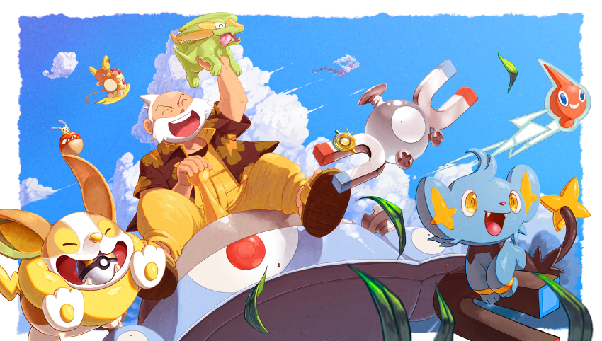 1boy :d ^_^ absurdres alolan_form alolan_raichu arm_up beard brown_jacket closed_eyes electrike facial_hair falling_leaves fei_xuan_de_ban_zhuan from_below gen_1_pokemon gen_3_pokemon gen_4_pokemon gen_5_pokemon gen_7_pokemon gen_8_pokemon highres holding holding_pokemon jacket leaf legendary_pokemon magnemite magnet magnezone male_focus minun nintendo open_mouth poke_ball pokemon pokemon_(creature) pokemon_oras riding riding_pokemon rotom rotom_(normal) sandals shinx short_sleeves smile teeth thundurus thundurus_(therian) tongue ultra_ball upper_teeth_only voltorb wattson_(pokemon) white_hair yamper