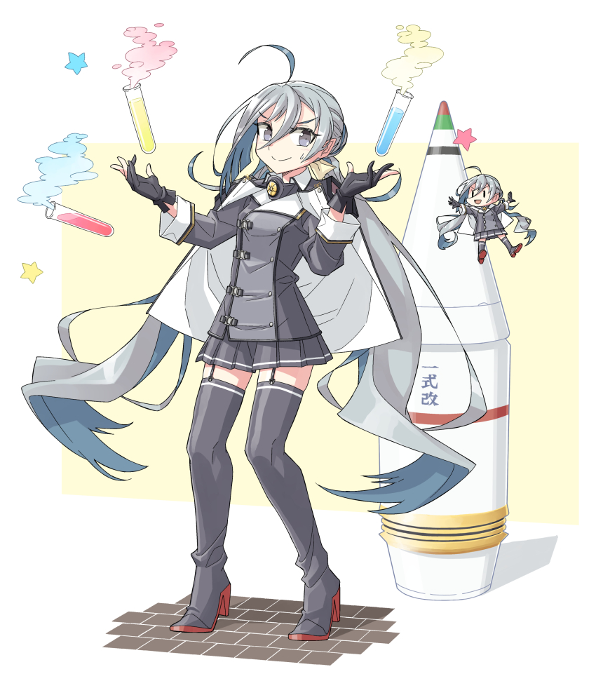 2girls absurdres ahoge black_gloves blue_hair boots capelet cosplay fairy_(kancolle) garter_straps gloves grey_capelet grey_eyes grey_footwear grey_hair grey_skirt hair_between_eyes high_heel_boots high_heels highres kantai_collection kazh_(kazu) kiyoshimo_(kancolle) long_hair long_sleeves low_twintails miniskirt multicolored_hair multiple_girls musashi_(kancolle) musashi_kai_ni_(kancolle) musashi_kai_ni_(kancolle)_(cosplay) partially_fingerless_gloves pleated_skirt sakuramon size_difference skirt thigh_boots thighhighs twintails type_1_ap_shell very_long_hair