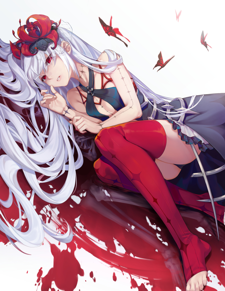 1girl absurdres bare_arms bare_shoulders black_panties blood blush body_markings breasts bug butterfly cross dress expressionless female_focus flower hair_flower hair_ornament halterneck highres insect jane_(king&#039;s_raid) king&#039;s_raid long_hair looking_at_viewer lying medium_breasts on_side panties parted_bangs parted_lips pool_of_blood red_eyes red_flower red_thighhighs sidelocks silver silver_hair solo tarantulaines thighhighs toeless_legwear underwear very_long_hair