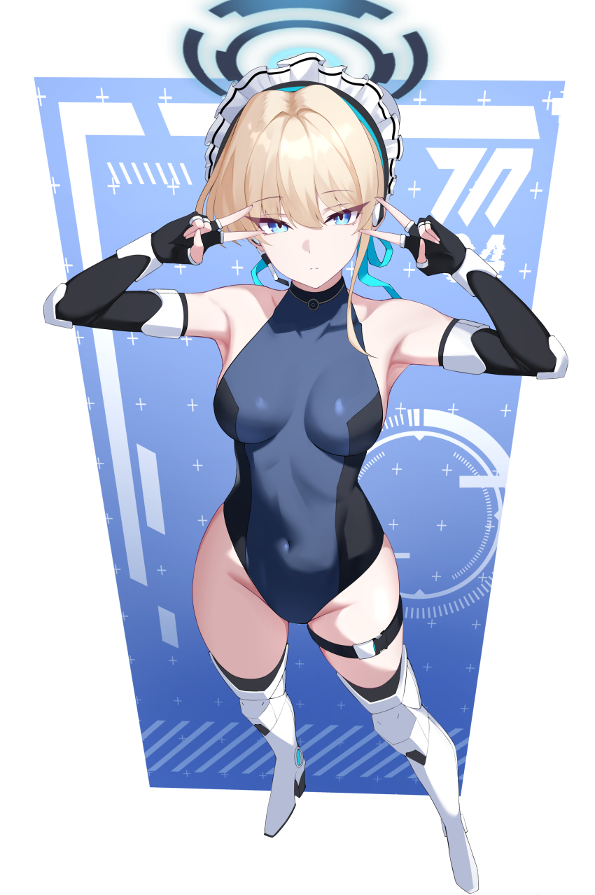 absurdres black_gloves blonde_hair blue_archive blue_eyes blue_hair blue_leotard blue_ribbon breasts bun_cover chest_harness covered_navel earpiece fingerless_gloves full_body gloves hair_bun hair_ribbon harness headset heattech_leotard highleg highleg_leotard highres kurosaki_saya leotard looking_at_viewer maid_headdress multicolored_hair multicolored_leotard ribbon short_hair single_hair_bun sleeveless_turtleneck_leotard small_breasts streaked_hair toki_(blue_archive) turtleneck two-tone_leotard