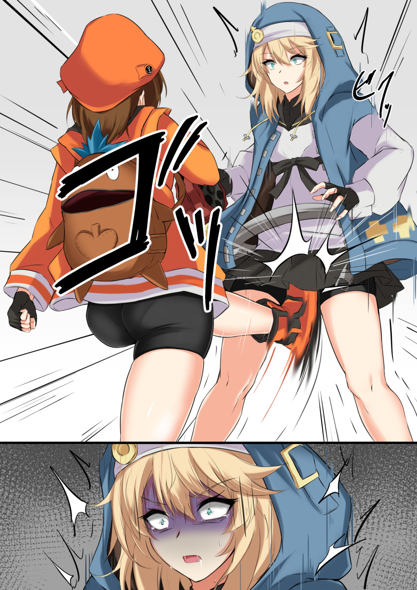 2girls absurdres aqua_hair ass ball_busting bdsm beret bike_shorts black_gloves black_shorts black_skirt blonde_hair blue_jacket bridget_(guilty_gear) brown_hair cbt clenched_hand constricted_pupils crotch_kick emphasis_lines feet_out_of_frame femdom fingerless_gloves gloves grey_background guilty_gear guilty_gear_strive hat highres hood hooded_jacket jacket may_(guilty_gear) medium_hair microskirt multiple_girls open_clothes open_jacket orange_fur orange_headwear orange_jacket panties_under_bike_shorts parted_lips shirt shoes shorts shorts_under_skirt simple_background skirt standing standing_on_one_leg thighs transgender turn_pale watarase_piro white_shirt