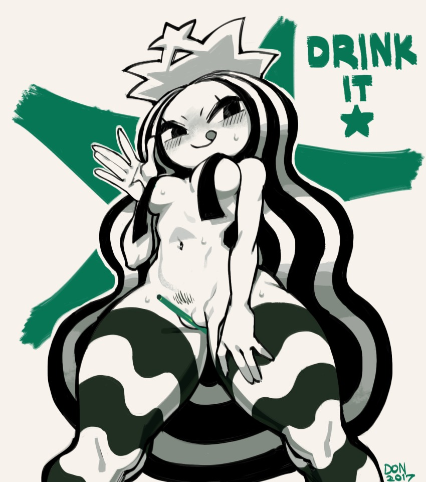 1girl :d between_labia blush breasts drinking_straw english_text fat_mons female_focus female_pubic_hair green_theme highres monochrome nude open_mouth product_girl pubic_hair pussy simple_background smile solo starbucks starbucks_siren stb-chan taikodon thick_thighs thighs