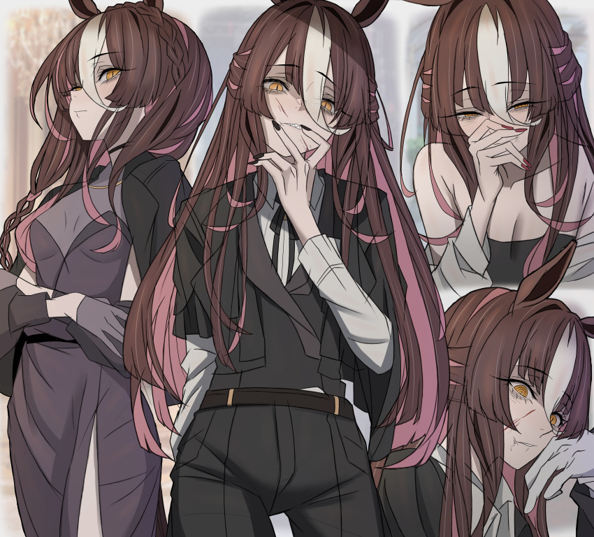 1girl absurdres animal_ears black_dress black_hair black_nails black_pants black_ribbon breasts cleavage dress hair_between_eyes half-closed_eyes highres horse_ears horse_girl leogust long_bangs long_hair long_hair_between_eyes long_sleeves looking_at_viewer multicolored_hair nail_polish neck_ribbon pants ribbon shirt short_hair small_breasts solo umamusume variant_set very_long_hair white_shirt yellow_eyes