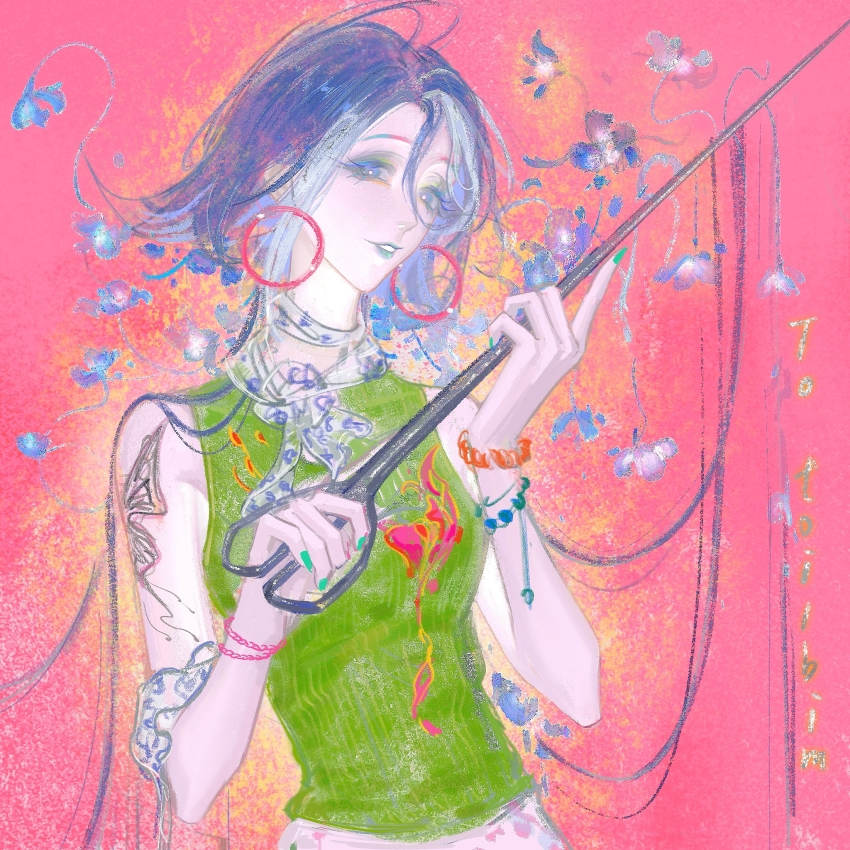 1girl adela_(path_to_nowhere) aqua_lips blue_eyes blue_flower blue_hair bracelet breasts bright_pupils butterfly_tattoo chinese_commentary commentary_request flipped_hair flower green_nails green_sweater grey_hair hair_between_eyes highres holding holding_scissors jewelry long_hair medium_breasts multicolored_hair path_to_nowhere pink_background ribbed_sweater scissors sleeveless sleeveless_sweater smile solo streaked_hair sweater tattoo two-tone_hair upper_body white_pupils xxyt-xx