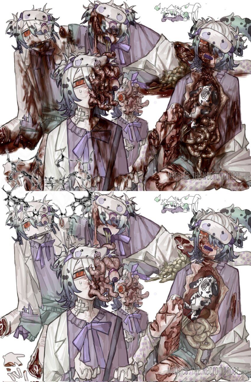 animal blood blood_on_clothes blood_on_face blood_on_leg body_horror brain cuts dalmatian flesh gradient_hair guro highres injury intestines knife_in_mouth multicolored_hair original parasite patch purple_eyes severed_arm severed_finger severed_hand severed_leg severed_limb sitting spotted_hair sweat tears vomit white_background worm wuwuren