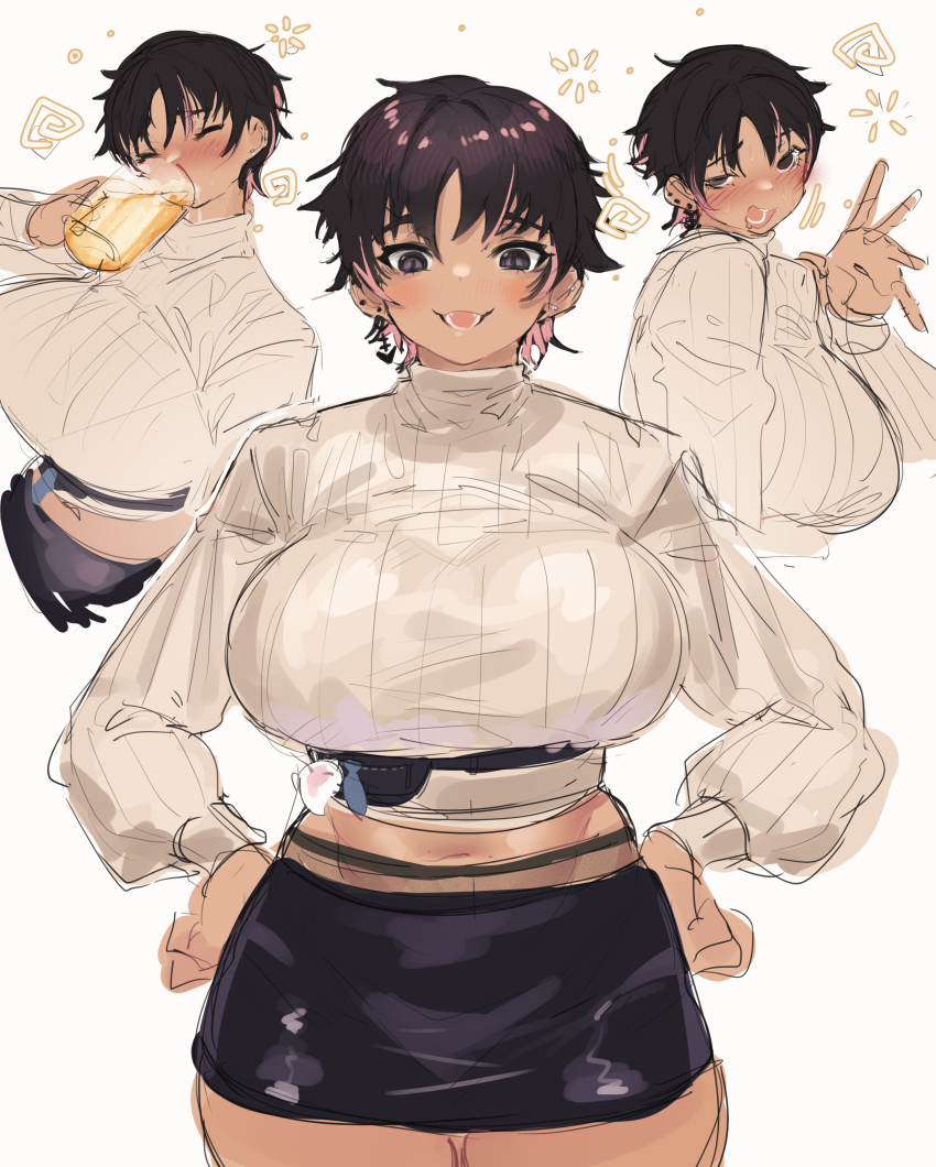 1girl absurdres beer_mug black_eyes black_hair black_skirt blush bon_(vtuber) breasts closed_eyes cup dark-skinned_female dark_skin grey_sweater hands_on_own_hips highres holding holding_cup indie_virtual_youtuber large_breasts looking_at_viewer mug reallycute456 short_hair skirt solo sweater virtual_youtuber